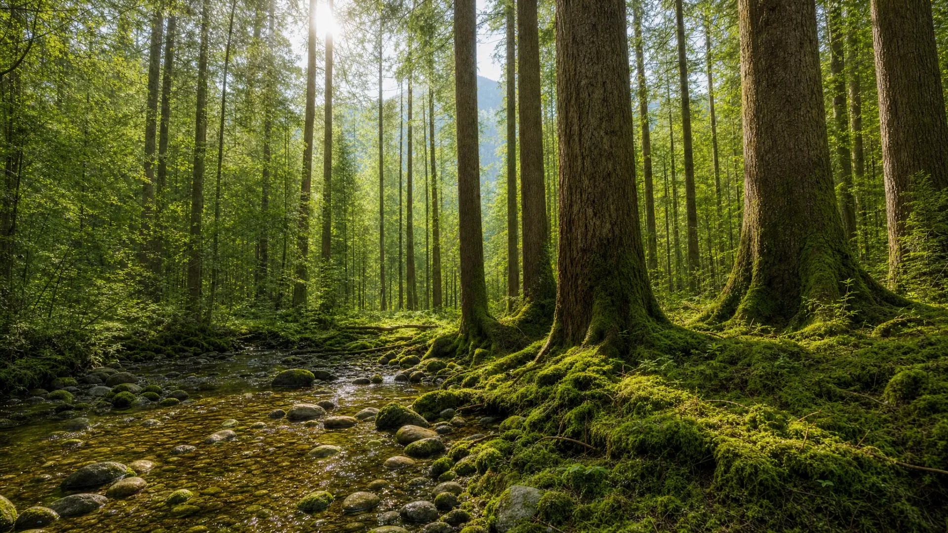 Bright mossy forest with a stream — where NALVEN begins